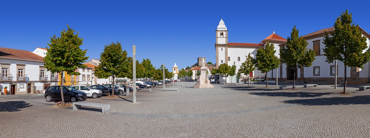 Panorama of Dom Pedro V Square in Castelo de Vide. Santa Maria da Devesa church and City-Hall . Alto Alentejo, Portugal