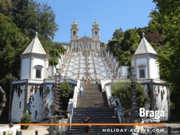 The Bom Jesus sanctuary in Braga Portugal. Pilgrims are encouraged to climb the 577 stairs, encountering a theological symbolism contrasting earthly senses with the virtues of the spirit.