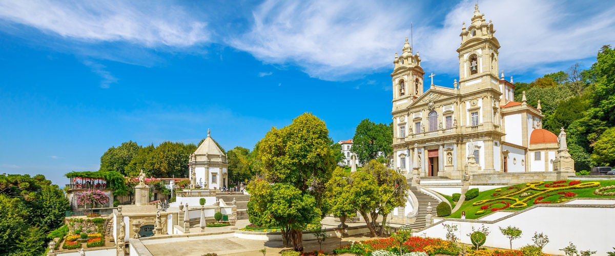 Historic Church of Bom Jesus do Monte and her public garden. Tenoes, Braga. The Basilica is a popular landmark and pilgrimage site in northern Portugal. Aerial landscape on the top of Braga mountain